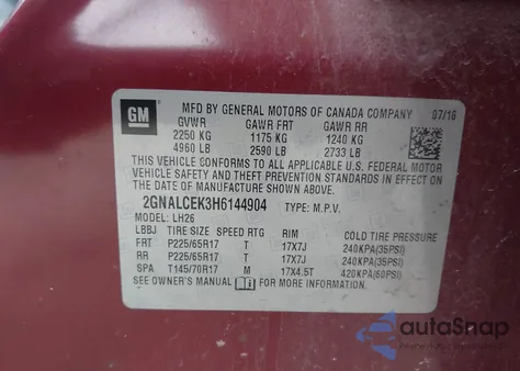 2017 Chevrolet Equinox Lt z USA, uszkodzony, nr VIN 2GNALCEK3H6144904